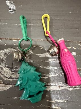 Vintage 1980’s necklace charms Christmas Tree & Pink Coca Cola Soda Bottle